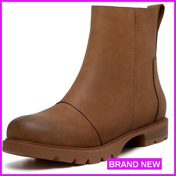 Shoes - Chunky Lug Sole Ankle Booties Low Heel Zipper Round Toe Comfortable Fashion